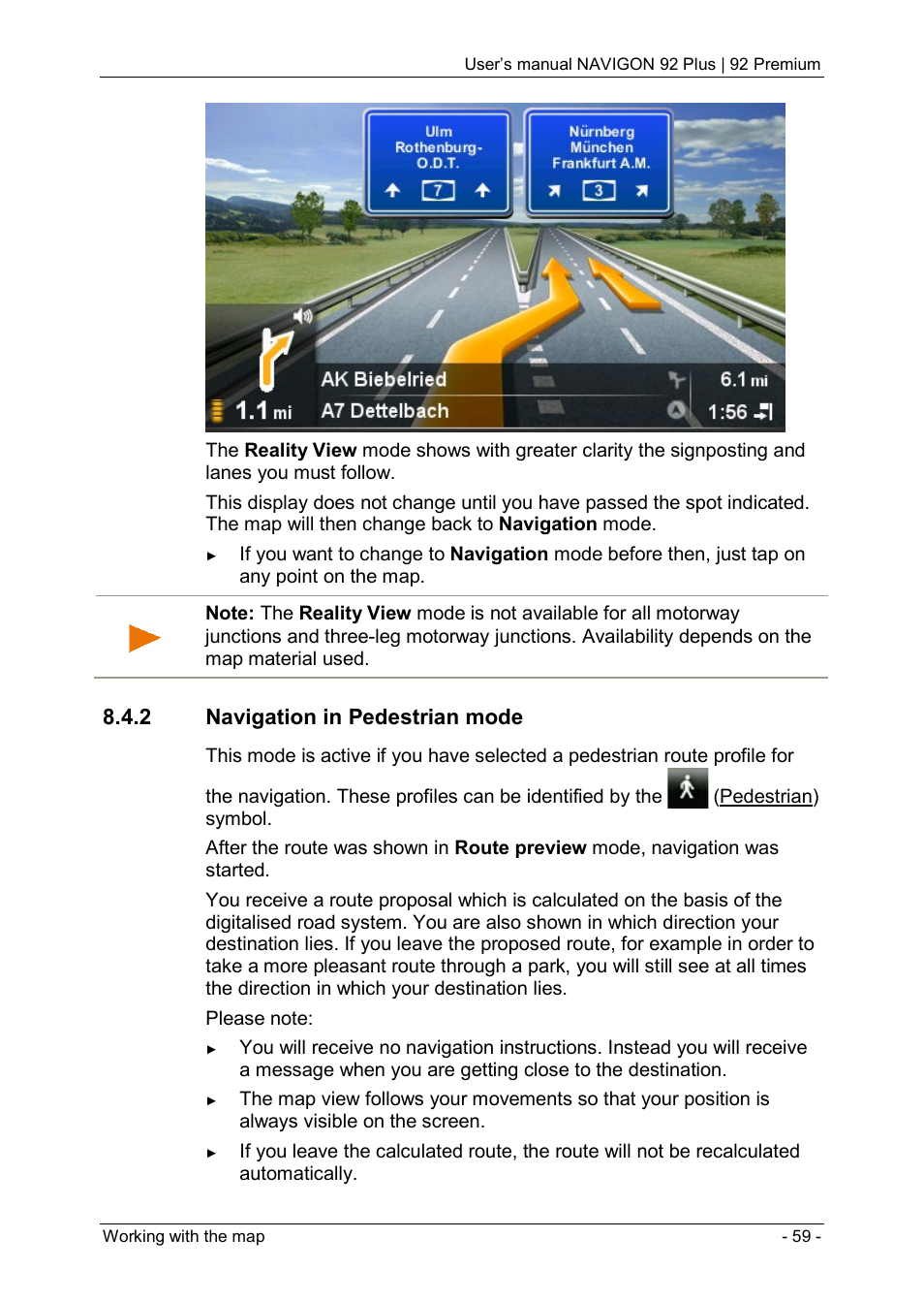 2 navigation in pedestrian mode, Navigation in pedestrian | Navigon 92 PREMIUM User Manual | Page 59 / 113
