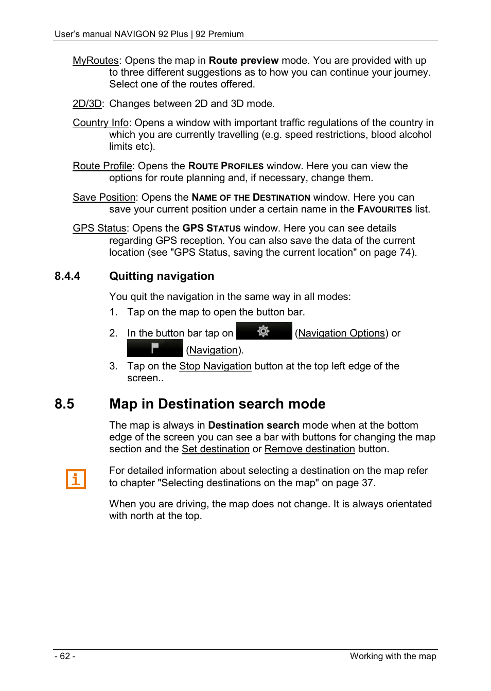 4 quitting navigation, 5 map in destination search mode, Map in destination search mode | Ee "map in destination search mode | Navigon 92 PREMIUM User Manual | Page 62 / 113