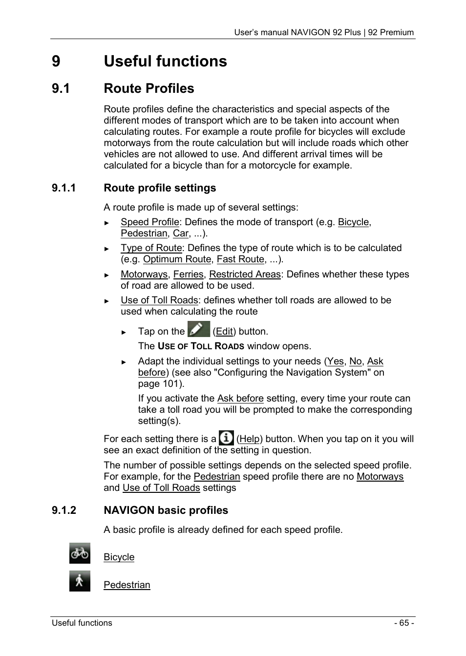 9 useful functions, 1 route profiles, 1 route profile settings | 2 navigon basic profiles, Route profiles, Ge 65), 9useful functions | Navigon 92 PREMIUM User Manual | Page 65 / 113