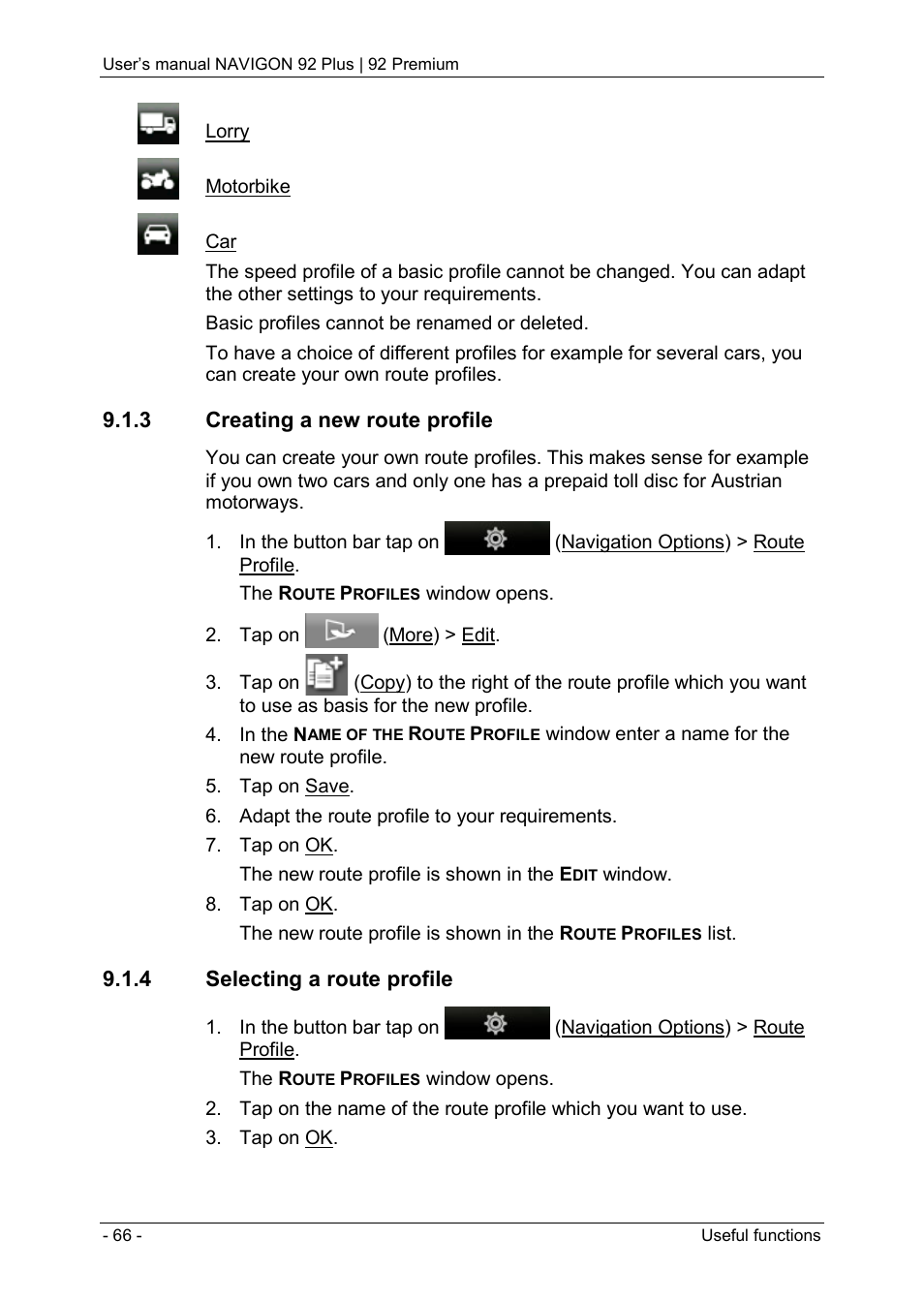 3 creating a new route profile, 4 selecting a route profile | Navigon 92 PREMIUM User Manual | Page 66 / 113
