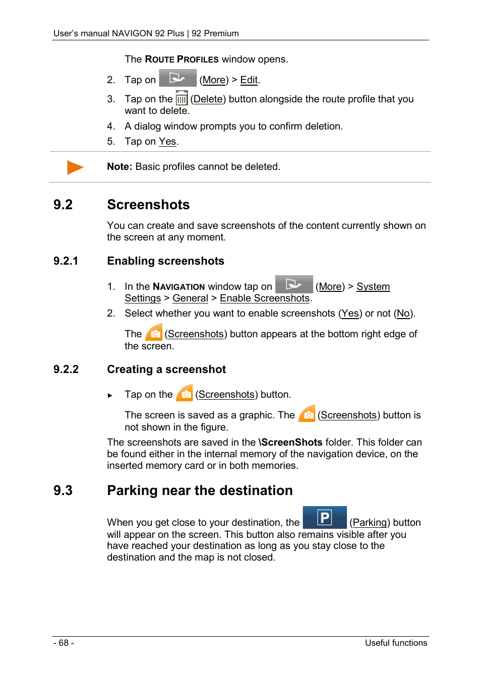 2 screenshots, 1 enabling screenshots, 2 creating a screenshot | 3 parking near the destination, Parking near the destination, Parking near | Navigon 92 PREMIUM User Manual | Page 68 / 113