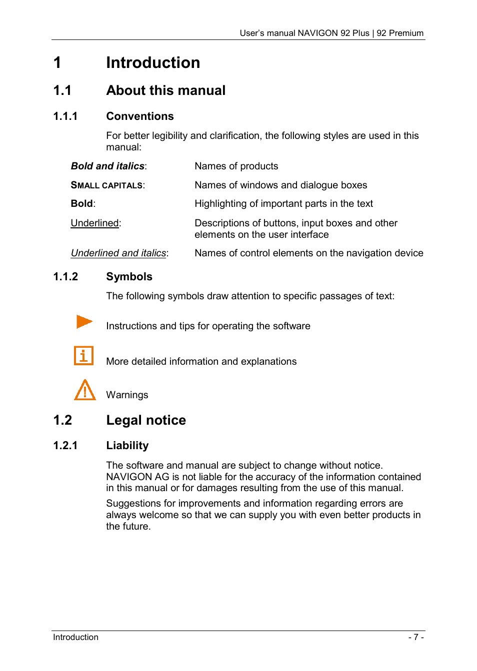1 introduction, 1 about this manual, 1 conventions | 2 symbols, 2 legal notice, 1 liability, 1introduction | Navigon 92 PREMIUM User Manual | Page 7 / 113