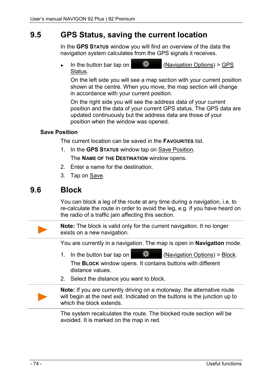 5 gps status, saving the current location, 6 block | Navigon 92 PREMIUM User Manual | Page 74 / 113