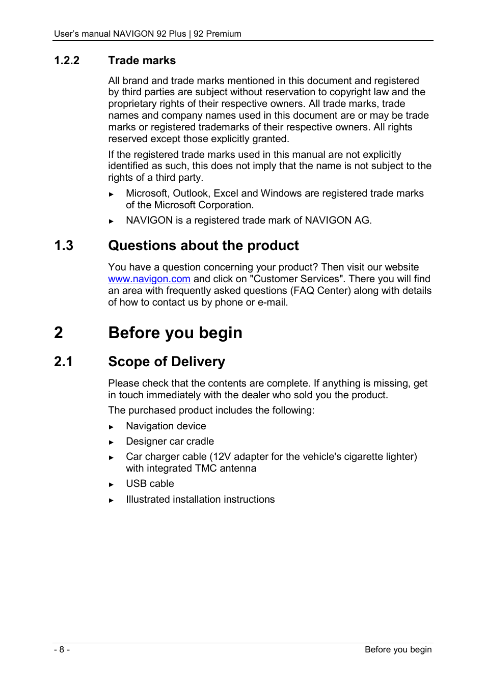 2 trade marks, 3 questions about the product, 2 before you begin | 1 scope of delivery, 2before you begin | Navigon 92 PREMIUM User Manual | Page 8 / 113