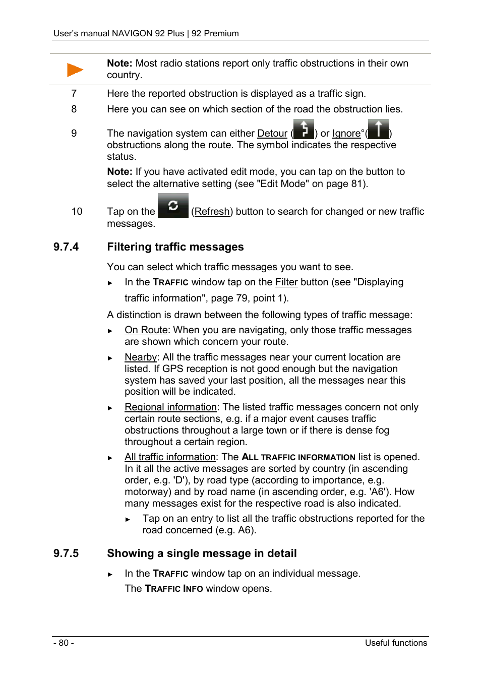 4 filtering traffic messages, 5 showing a single message in detail | Navigon 92 PREMIUM User Manual | Page 80 / 113