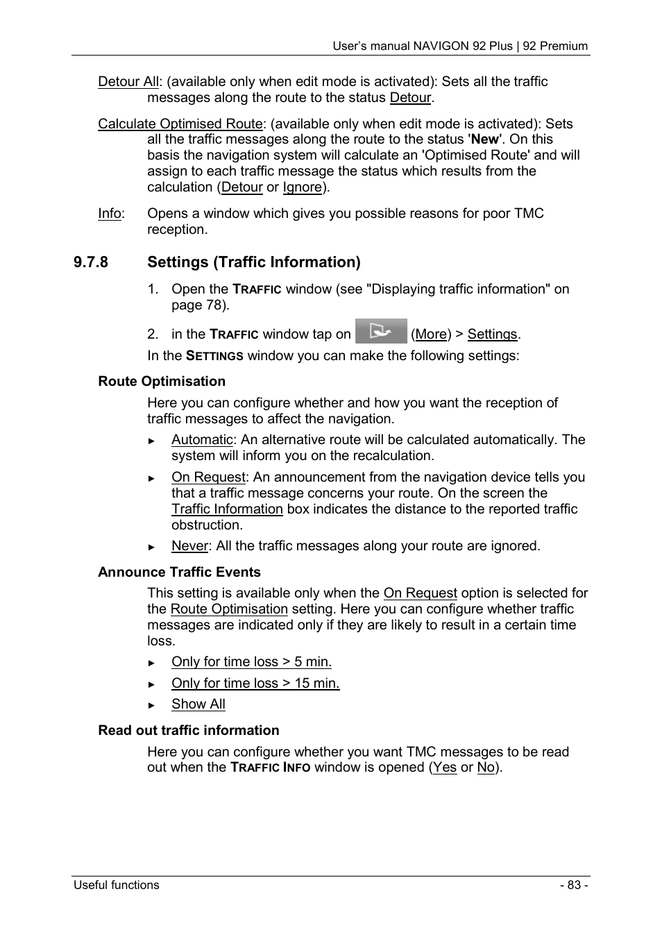 8 settings (traffic information), Ee "settings (traffic information), Announce traffic events | Settings (traffic | Navigon 92 PREMIUM User Manual | Page 83 / 113