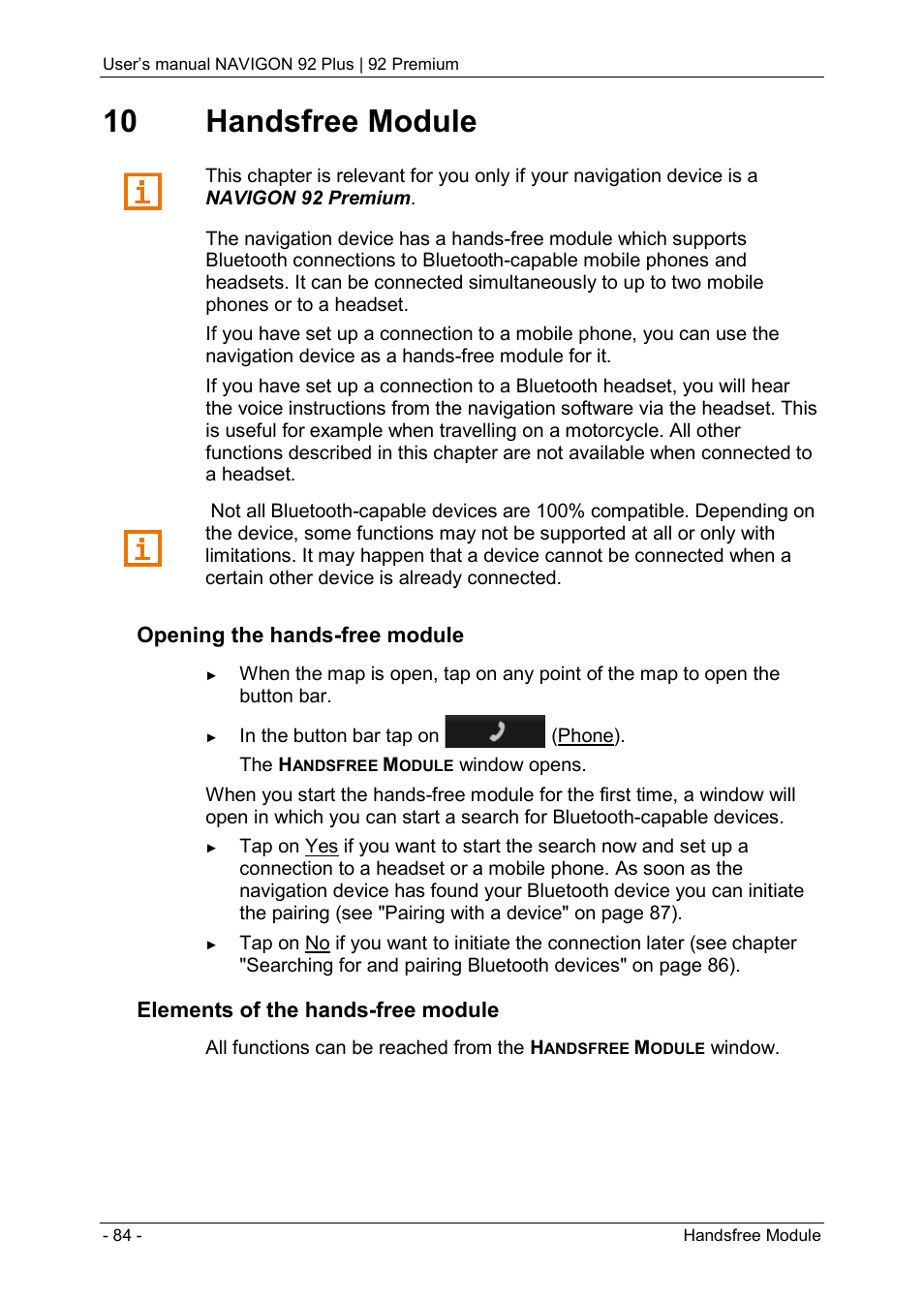 10 handsfree module, Handsfree module | Navigon 92 PREMIUM User Manual | Page 84 / 113