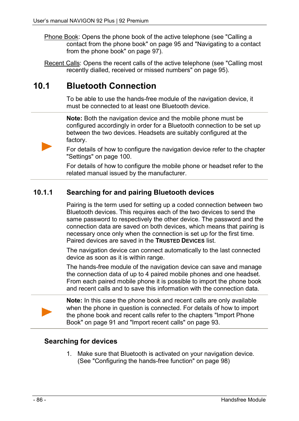 1 bluetooth connection, 1 searching for and pairing bluetooth devices | Navigon 92 PREMIUM User Manual | Page 86 / 113