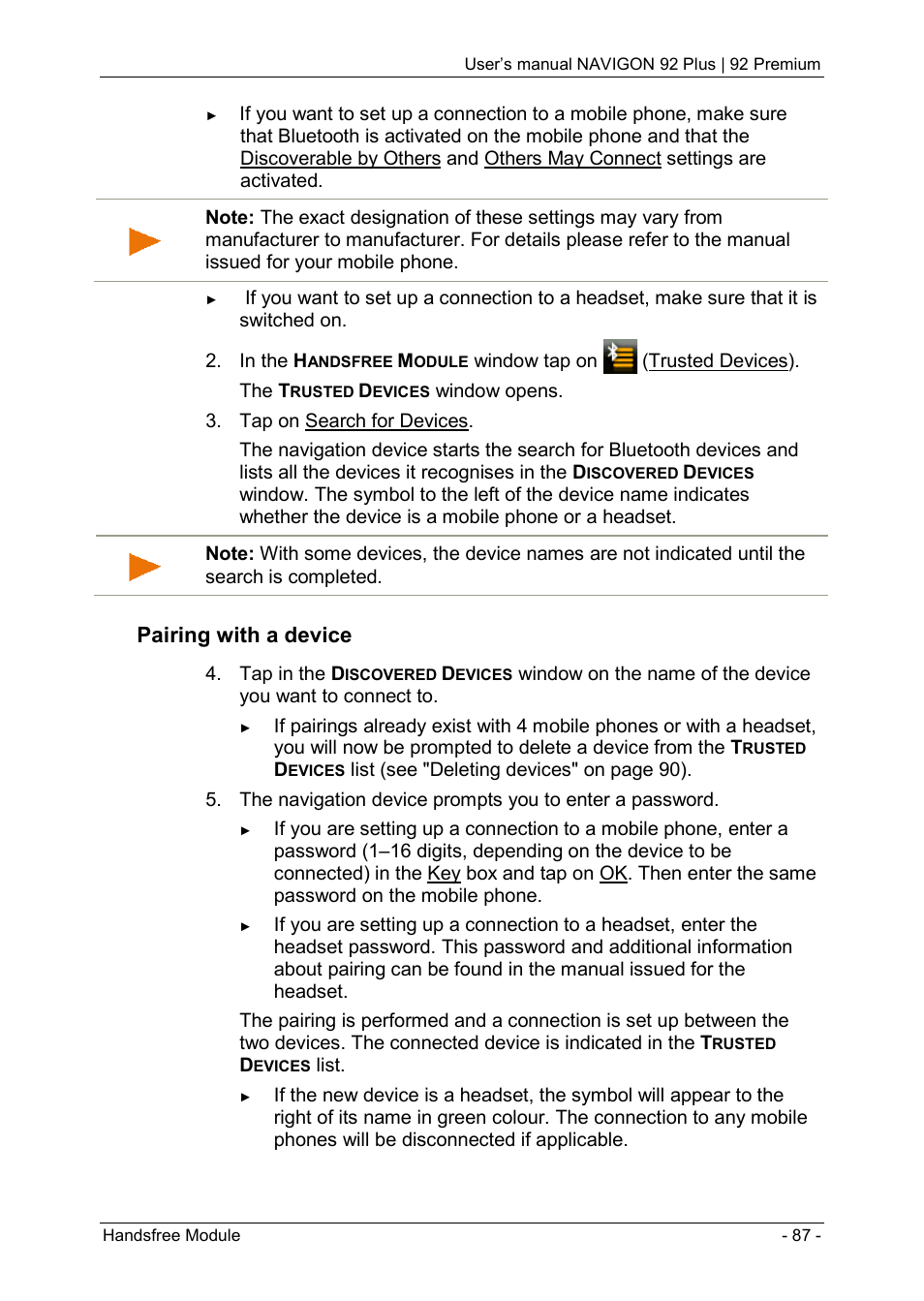 Pairing with a device | Navigon 92 PREMIUM User Manual | Page 87 / 113