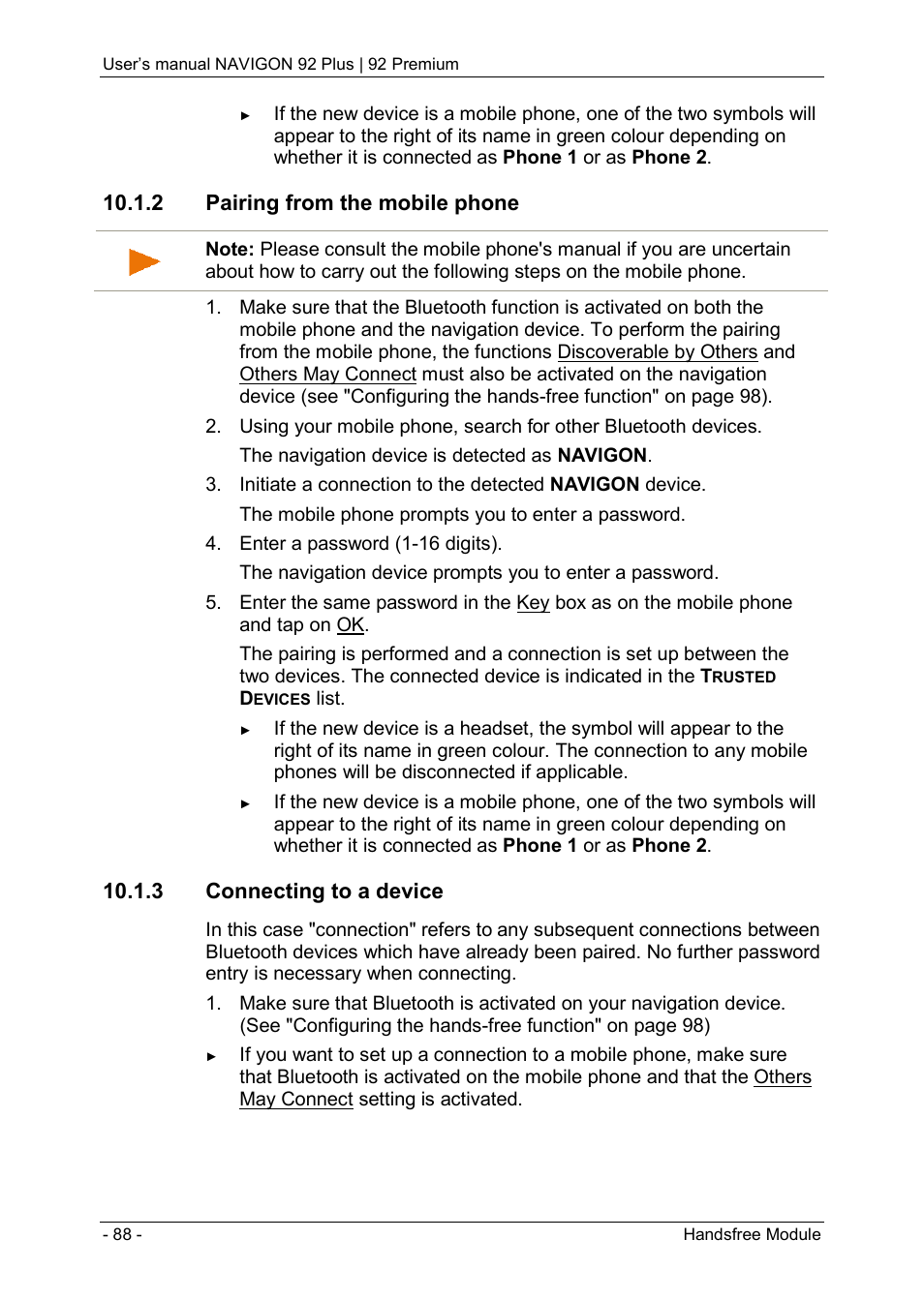 2 pairing from the mobile phone, 3 connecting to a device, Connecting to a | Device | Navigon 92 PREMIUM User Manual | Page 88 / 113