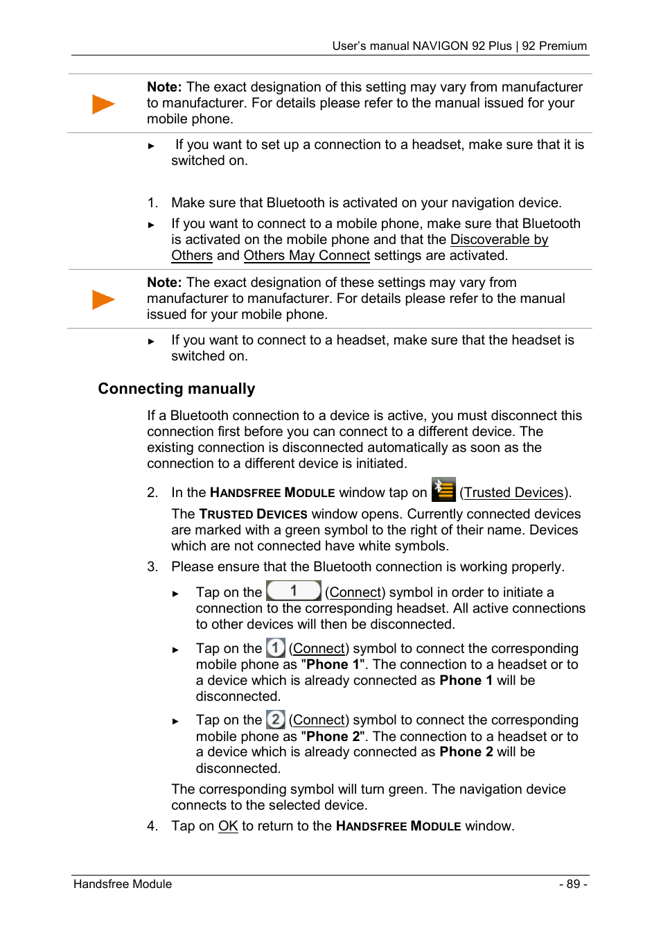 Connecting manually | Navigon 92 PREMIUM User Manual | Page 89 / 113