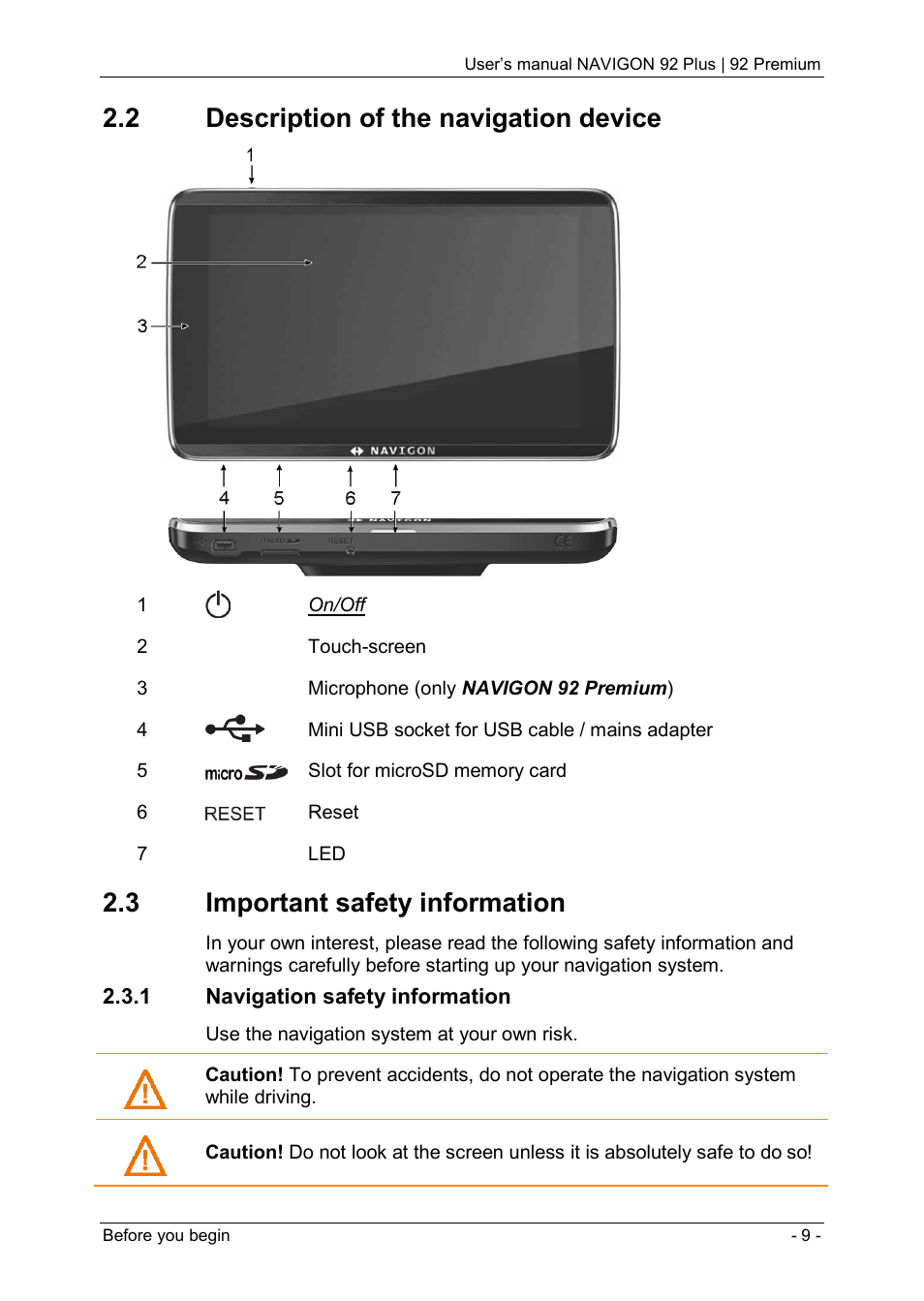 2 description of the navigation device, 3 important safety information, 1 navigation safety information | Navigon 92 PREMIUM User Manual | Page 9 / 113