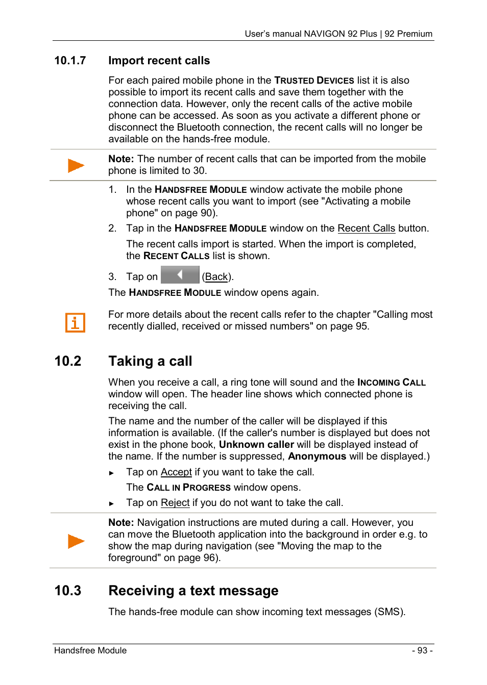 7 import recent calls, 2 taking a call, 3 receiving a text message | And "import recent calls | Navigon 92 PREMIUM User Manual | Page 93 / 113