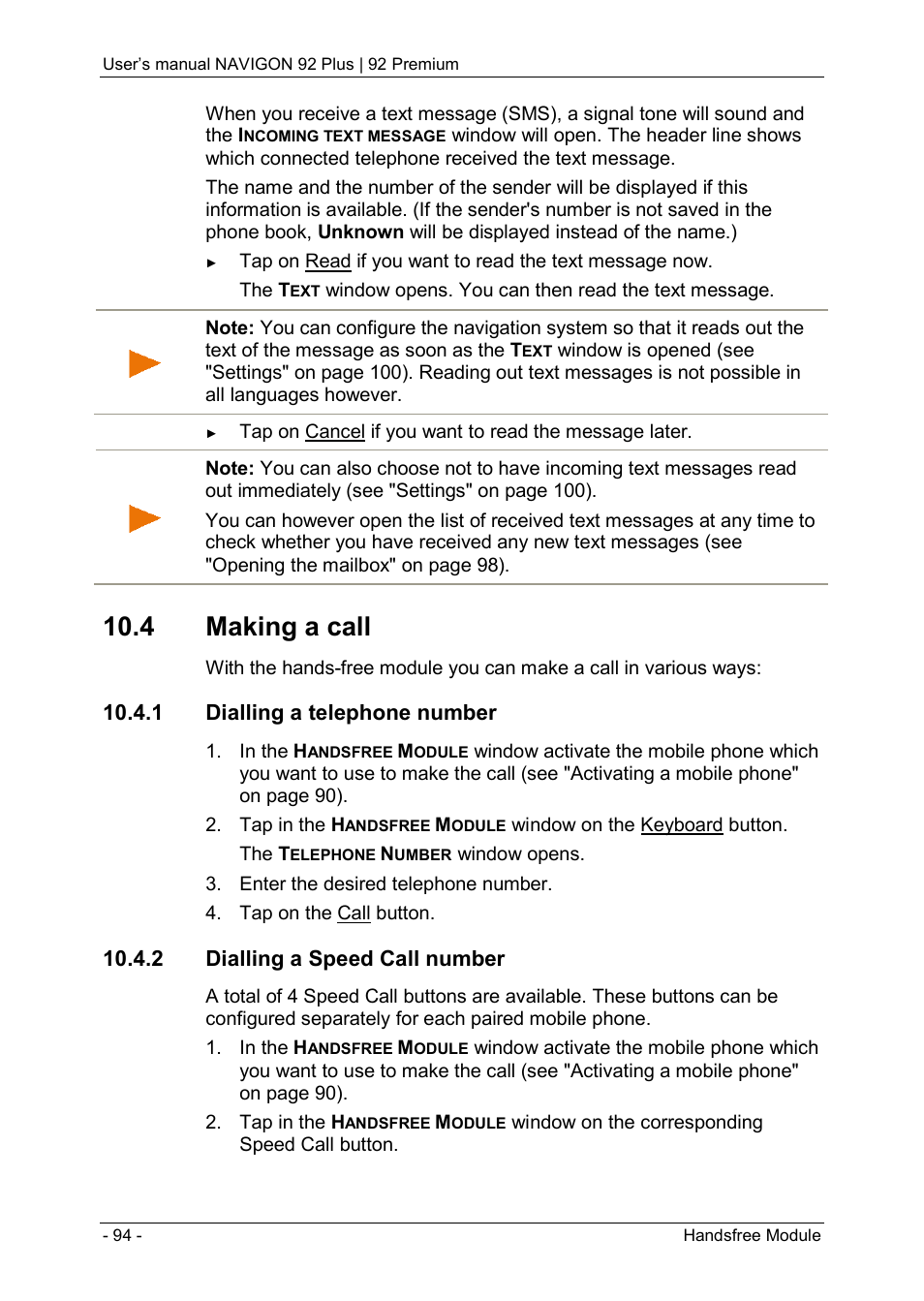 4 making a call, 1 dialling a telephone number, 2 dialling a speed call number | Dialling a telephone number | Navigon 92 PREMIUM User Manual | Page 94 / 113