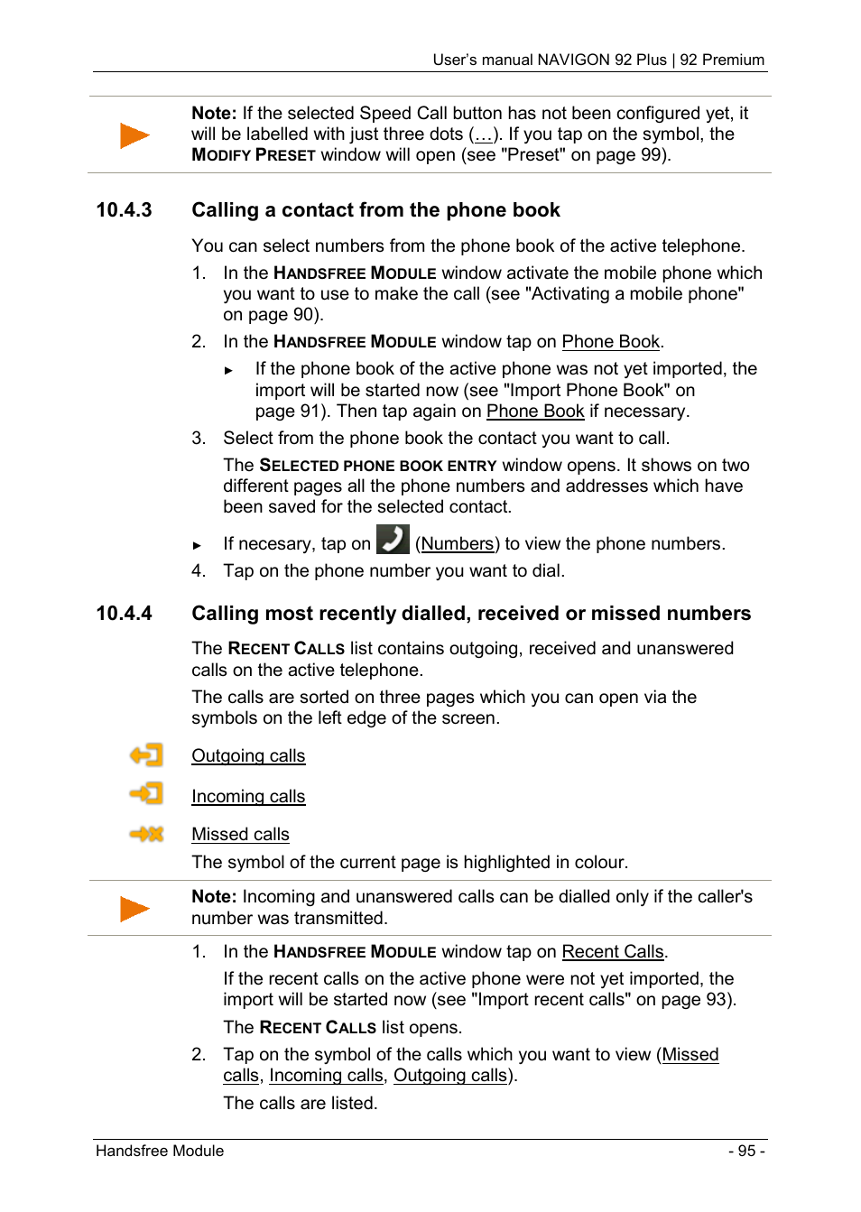 3 calling a contact from the phone book, Calling most, Calling a | Contact from the phone book, Age 95 | Navigon 92 PREMIUM User Manual | Page 95 / 113