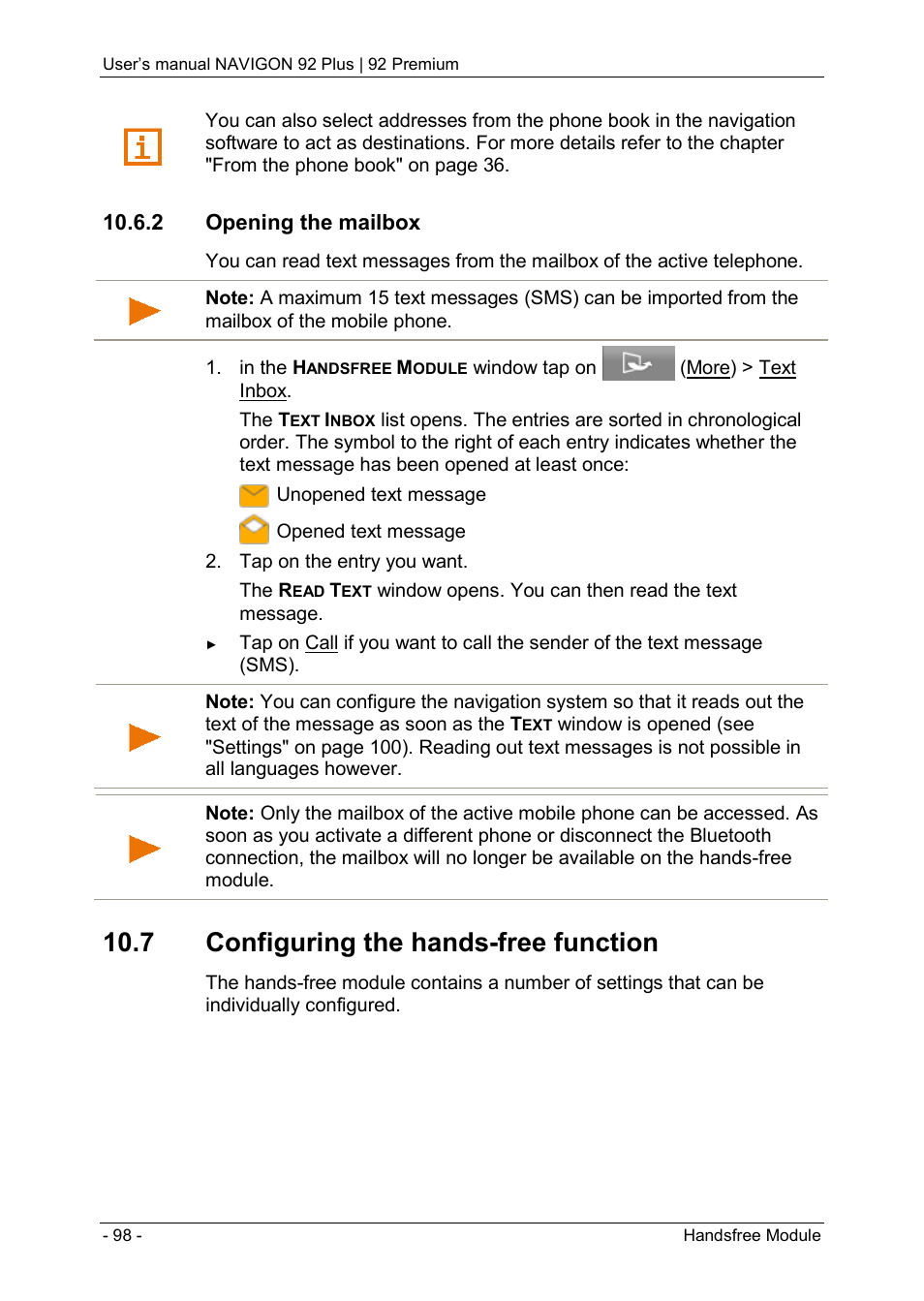 2 opening the mailbox, 7 configuring the hands-free function, Configuring the hands-free function | Ee "configuring the hands-free function | Navigon 92 PREMIUM User Manual | Page 98 / 113