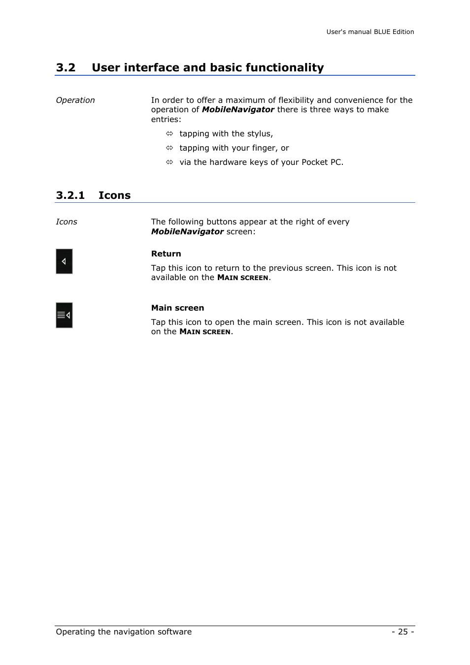 User interface and basic functionality, Icons, 2 user interface and basic functionality | 1 icons | Navigon MN4 User Manual | Page 27 / 76