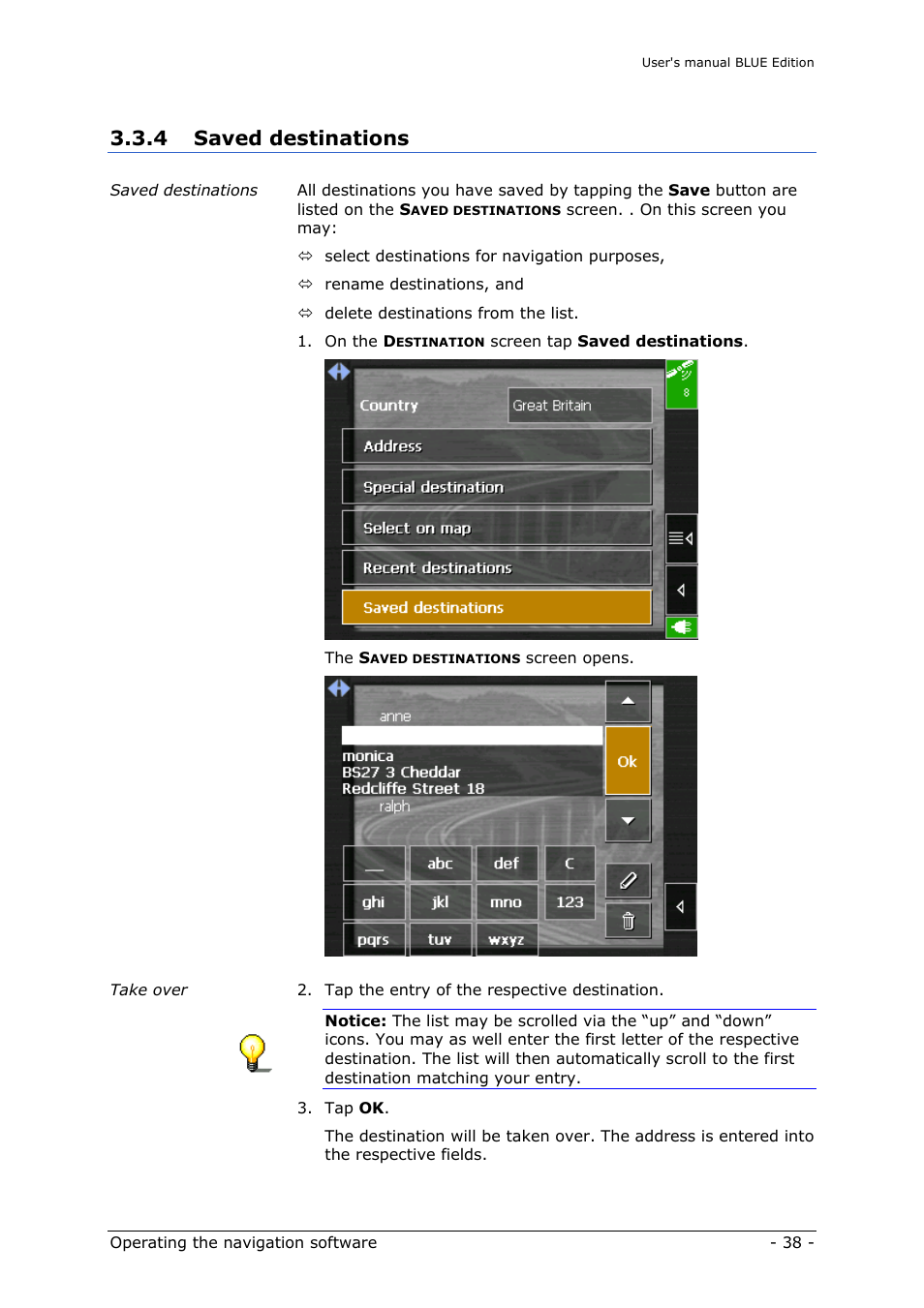 Saved destinations, Saved, Destinations | 4 saved destinations | Navigon MN4 User Manual | Page 40 / 76