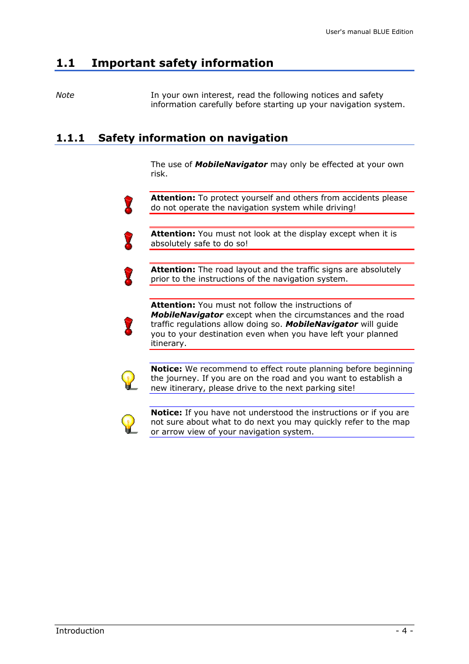 Important safety information, Safety information on navigation, 1 important safety information | 1 safety information on navigation | Navigon MN4 User Manual | Page 6 / 76