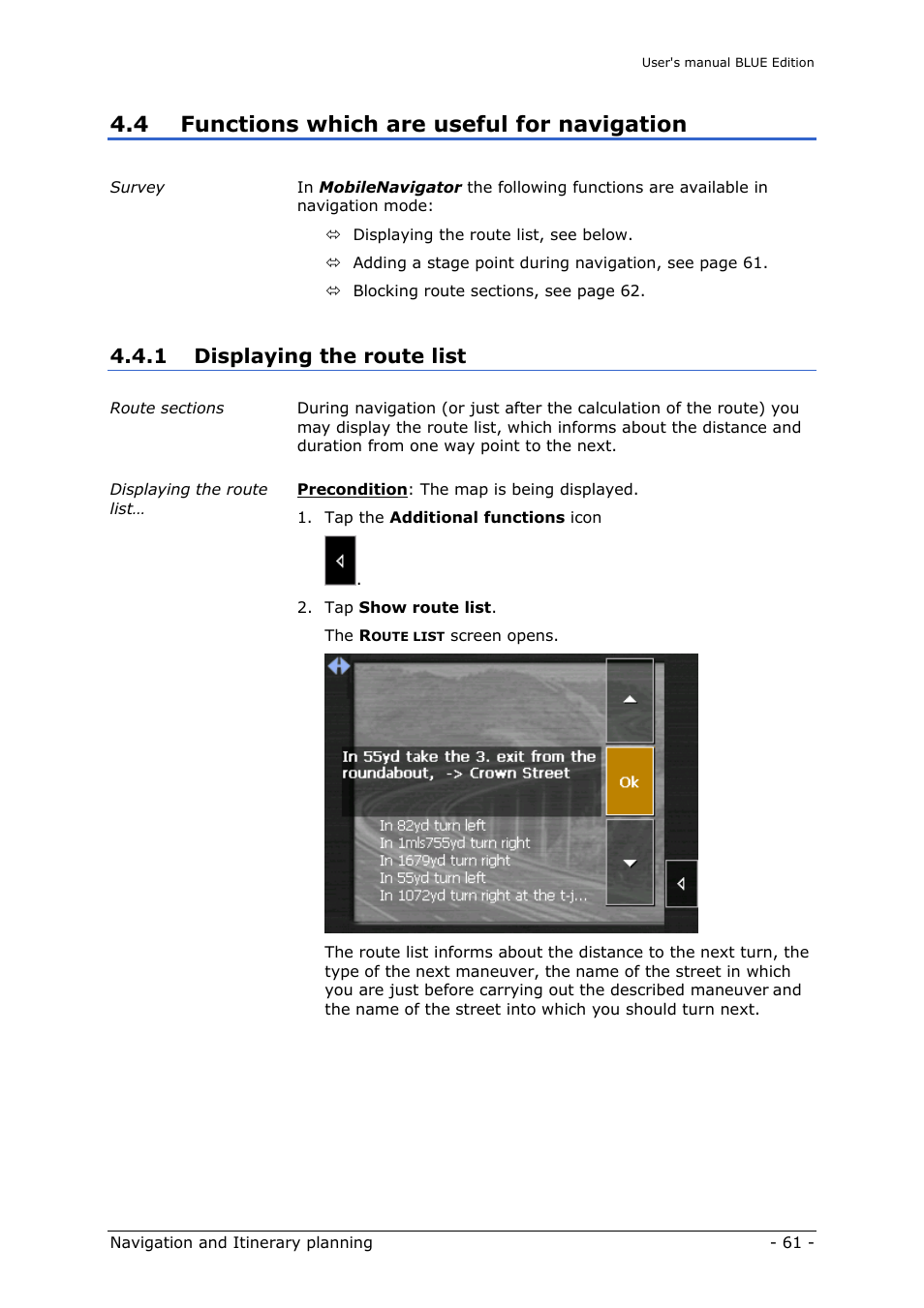 Functions which are useful for navigation, Displaying the route list, 4 functions which are useful for navigation | 1 displaying the route list | Navigon MN4 User Manual | Page 63 / 76