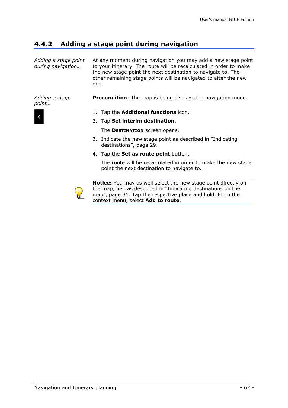 Adding a stage point during navigation, Adding a stage point during, 2 adding a stage point during navigation | Navigon MN4 User Manual | Page 64 / 76