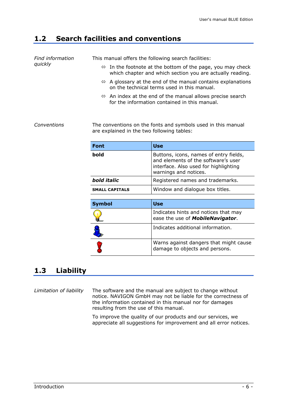 Search facilities and conventions, Liability, 2 search facilities and conventions | 3 liability | Navigon MN4 User Manual | Page 8 / 76
