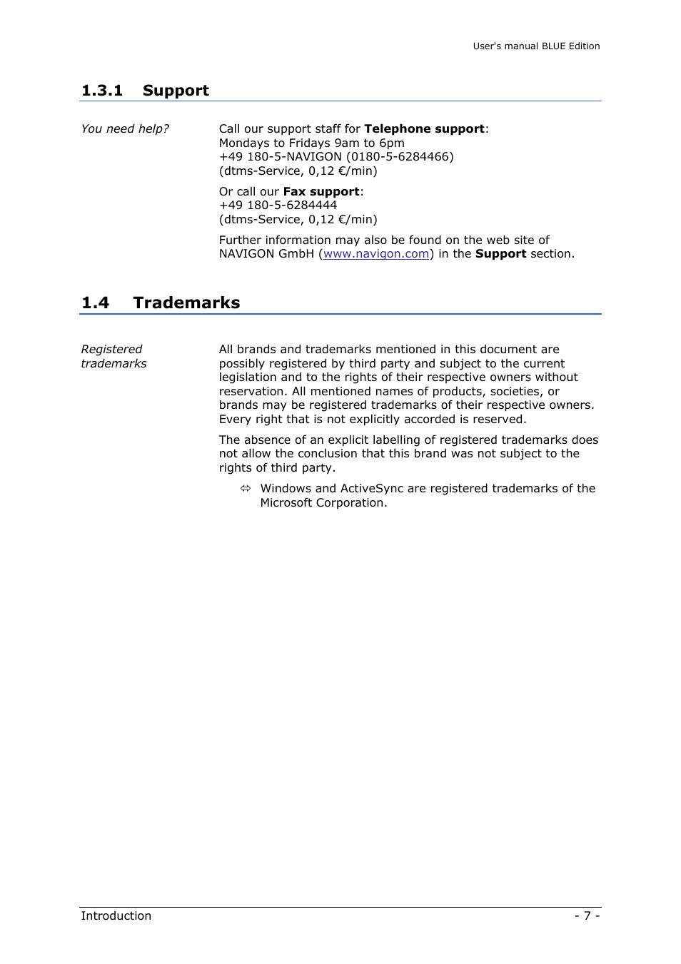 Support, Trademarks, 4 trademarks | 1 support | Navigon MN4 User Manual | Page 9 / 76