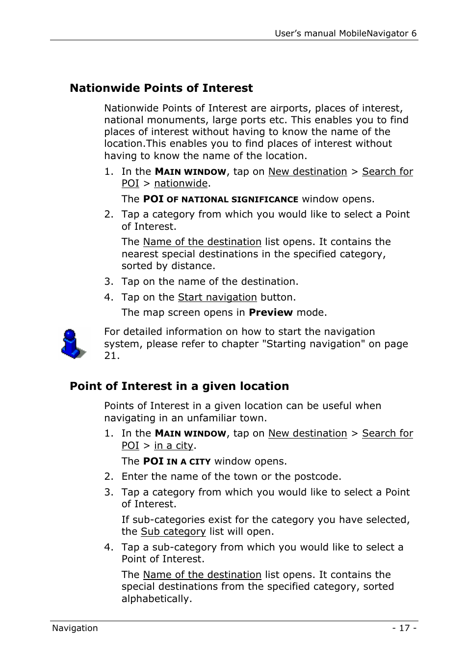 Nationwide points of interest, Point of interest in a given location | Navigon MN 6 User Manual | Page 19 / 44