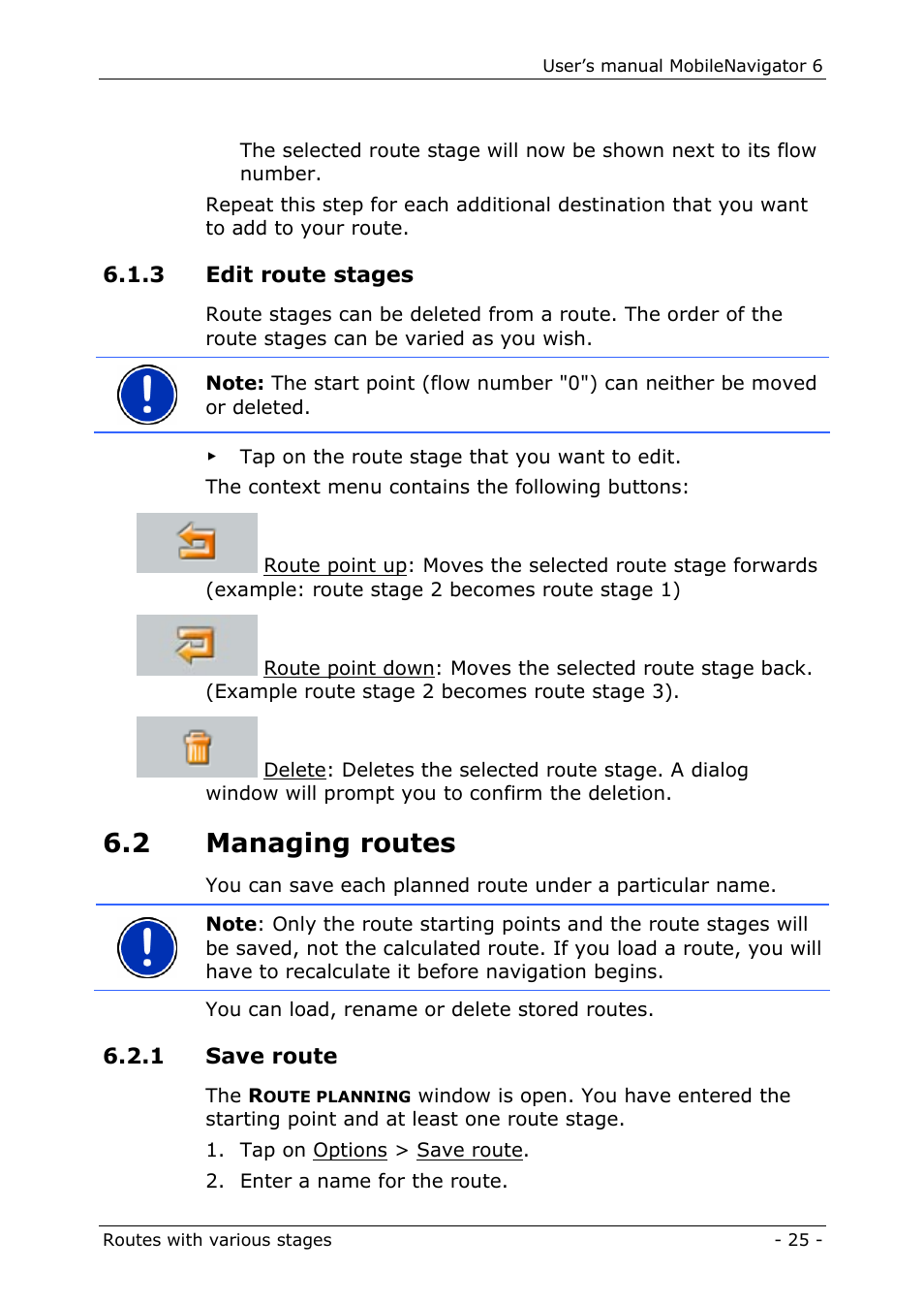 3 edit route stages, 2 managing routes, 1 save route | Navigon MN 6 User Manual | Page 27 / 44