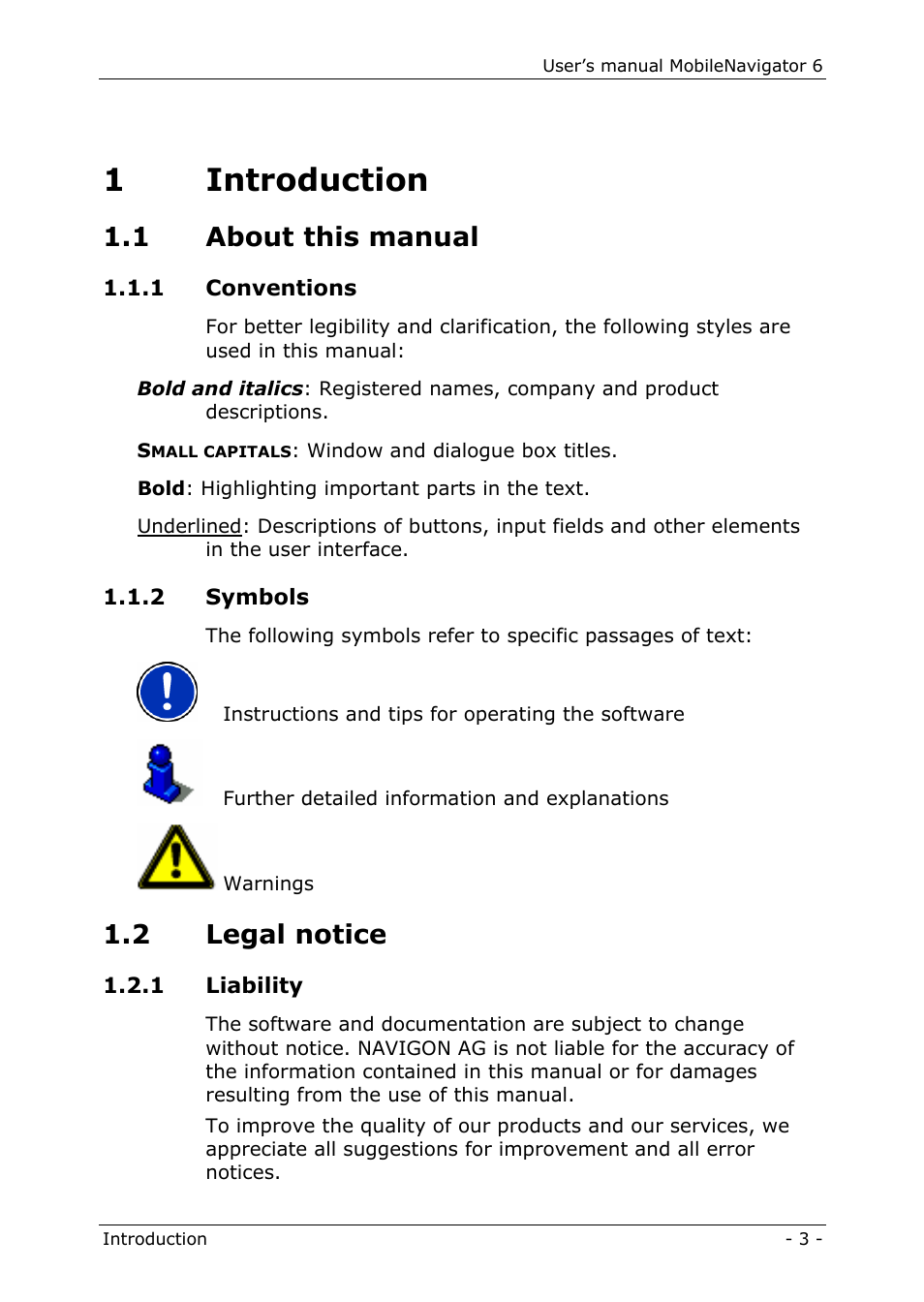 1 introduction, 1 about this manual, 1 conventions | 2 symbols, 2 legal notice, 1 liability, 1introduction | Navigon MN 6 User Manual | Page 5 / 44