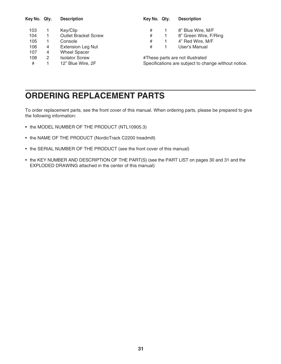 Ordering replacement parts | NordicTrack C2200 NTL10905.3 User Manual | Page 31 / 34