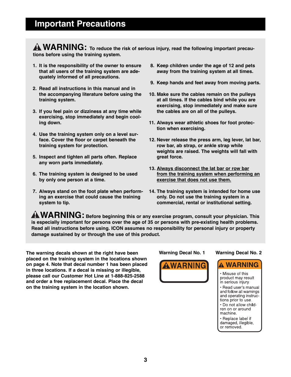 Important precautions, Warning | NordicTrack GRT500 User Manual | Page 3 / 25