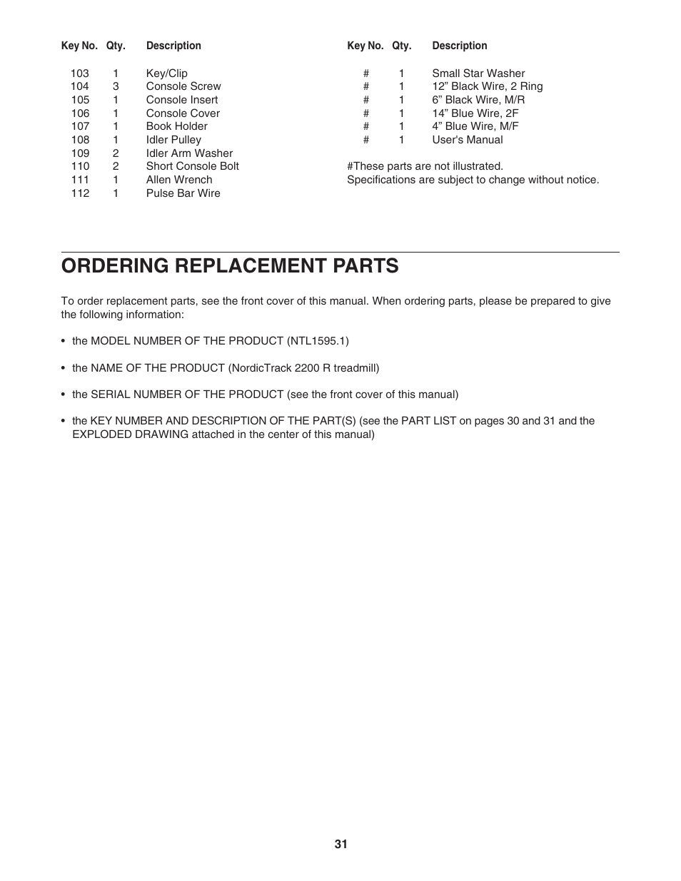 Ordering replacement parts | NordicTrack 2200 R NTL1595.1 User Manual | Page 31 / 34