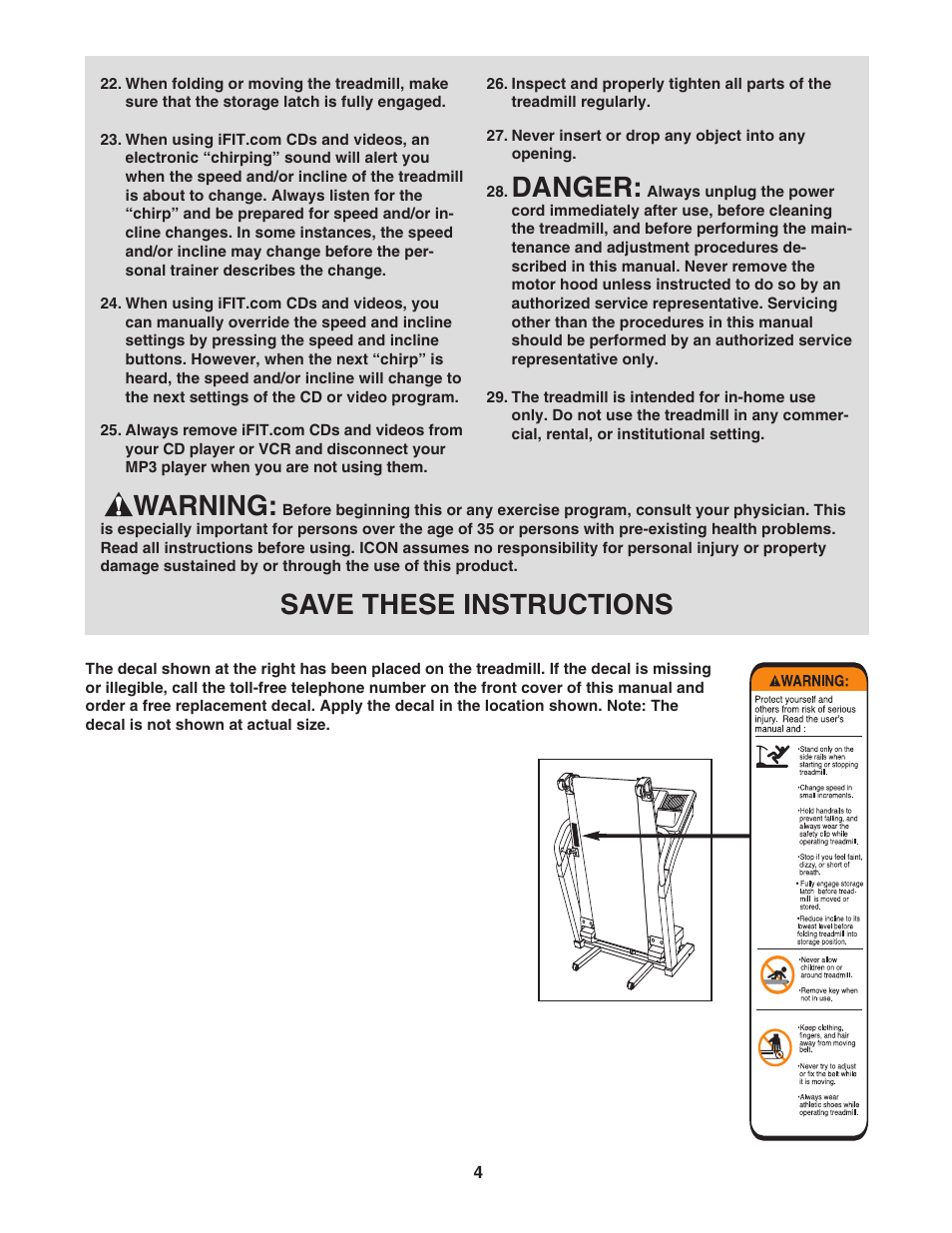 Danger, Warning, Save these instructions | NordicTrack 2200 R NTL1595.1 User Manual | Page 4 / 34