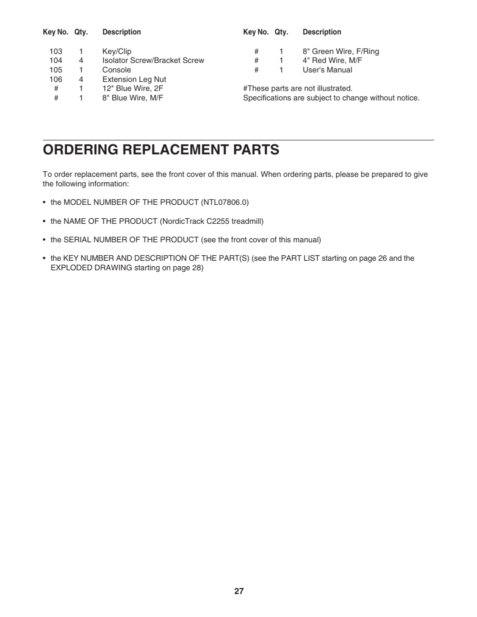 Ordering replacement parts | NordicTrack NTL07806.0 User Manual | Page 27 / 32