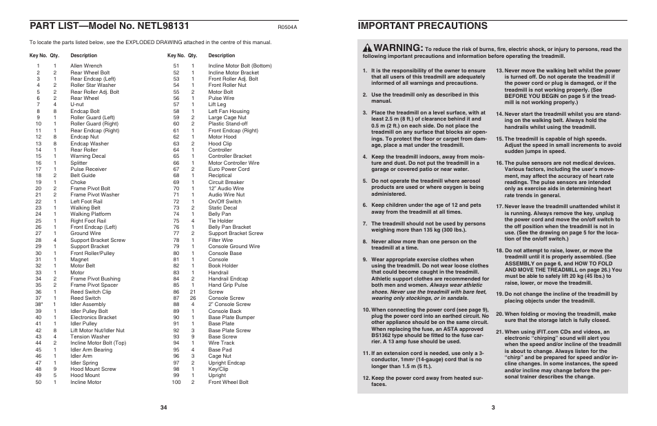 Warning, Important precautions | NordicTrack 4500 R User Manual | Page 3 / 20