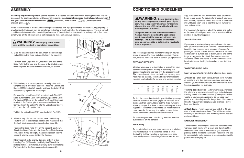 Assembly, Conditioning guidelines, Warning | NordicTrack 4500 R User Manual | Page 6 / 20