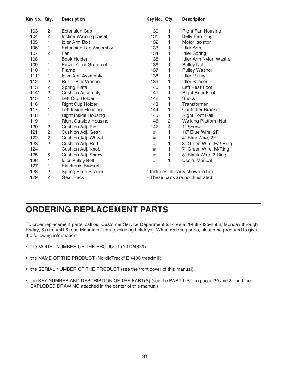 Ordering replacement parts | NordicTrack NTL24821 User Manual | Page 31 / 34