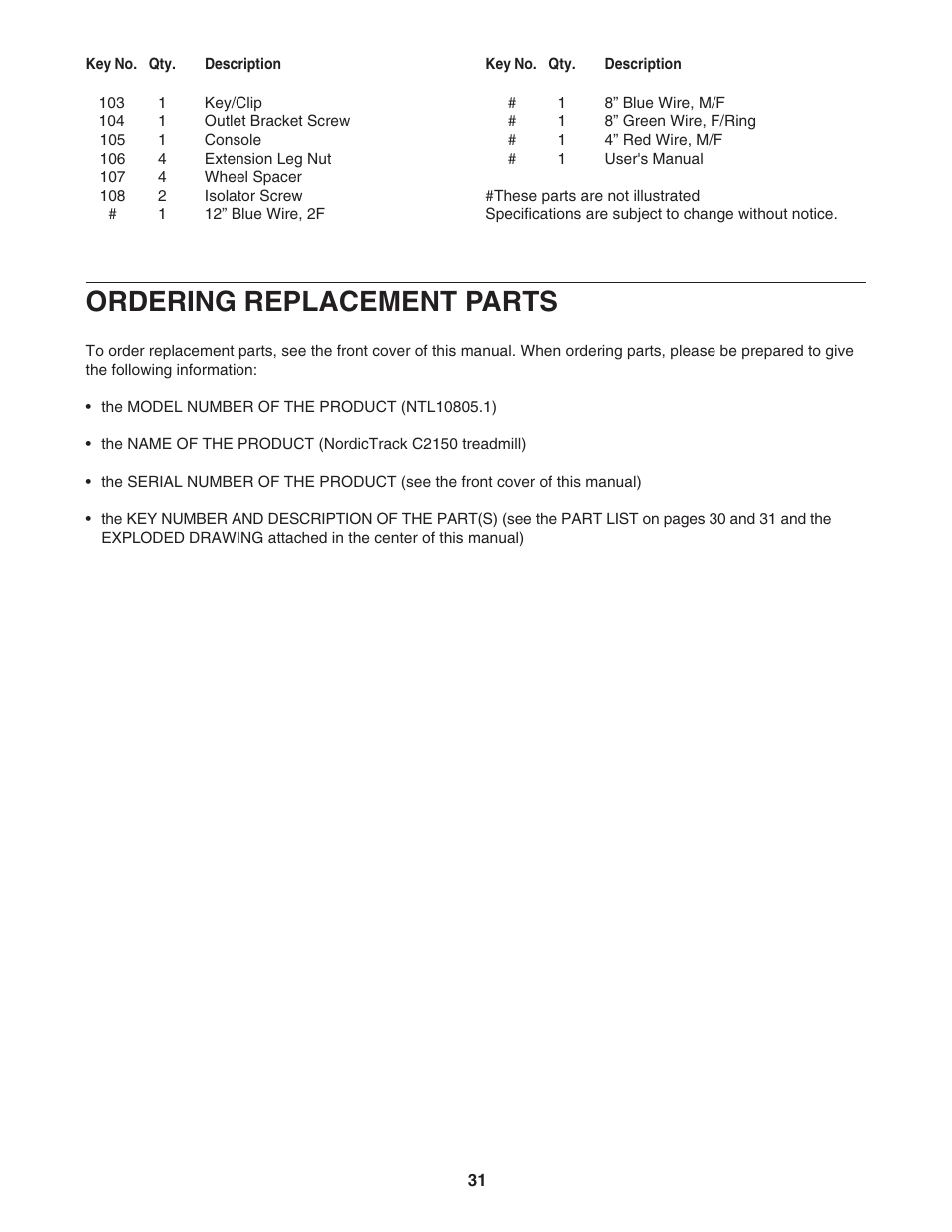 Ordering replacement parts | NordicTrack NTL10805.1 User Manual | Page 31 / 34