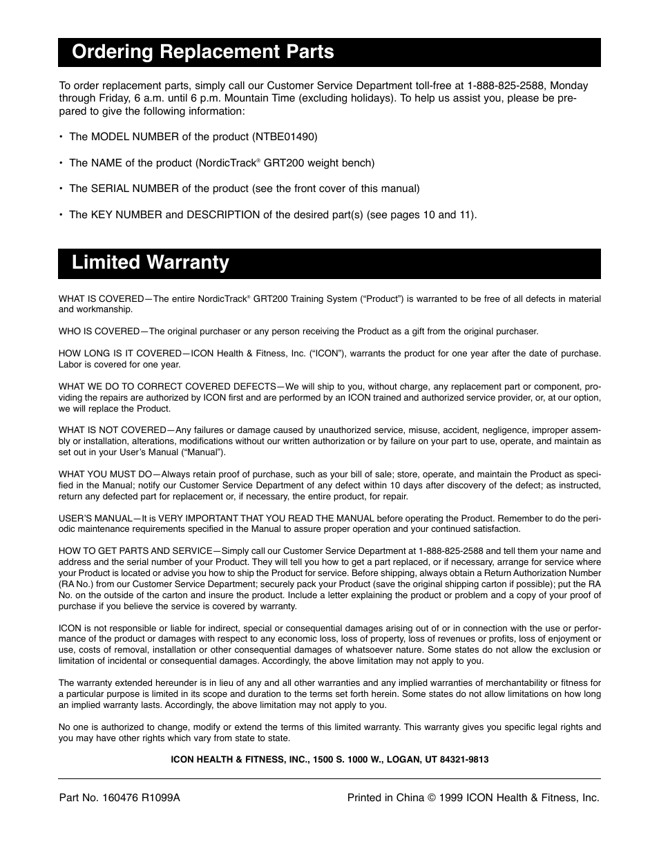 Ordering replacement parts, Limited warranty | NordicTrack NTBE01490 User Manual | Page 12 / 12