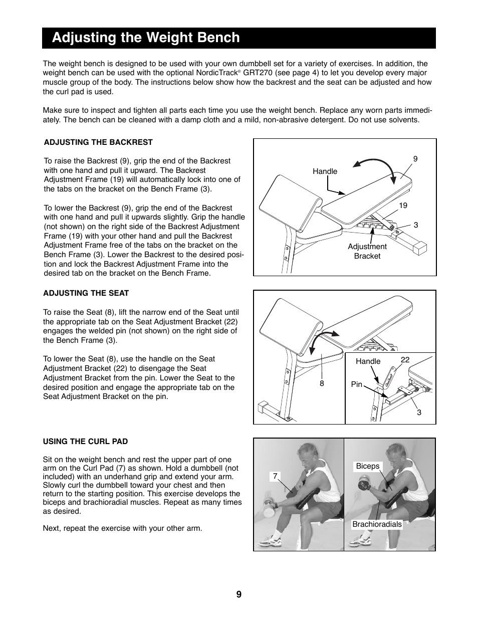 Adjusting the weight bench | NordicTrack NTBE01490 User Manual | Page 9 / 12