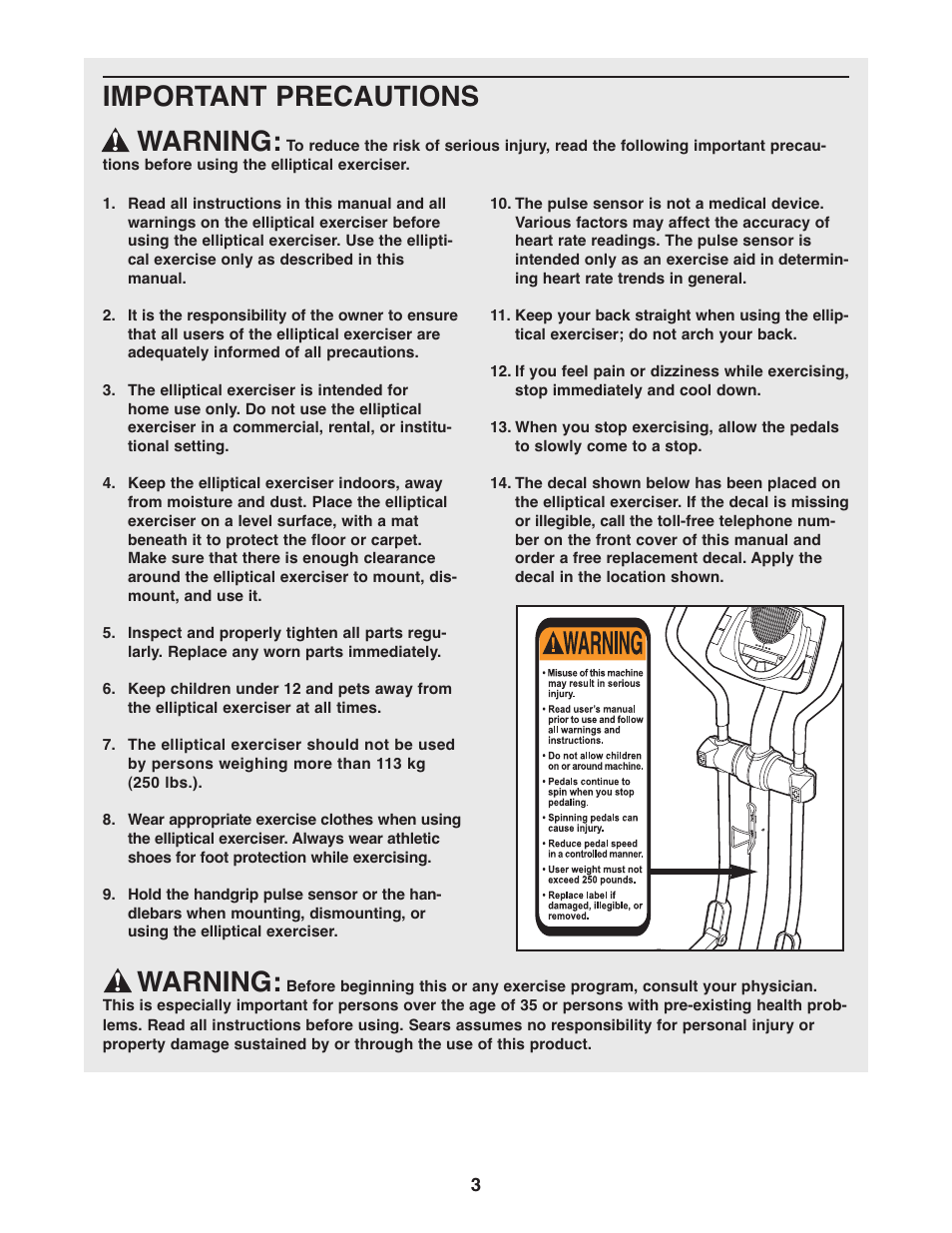 Important precautions warning, Warning | NordicTrack 30510.2 User Manual | Page 3 / 28