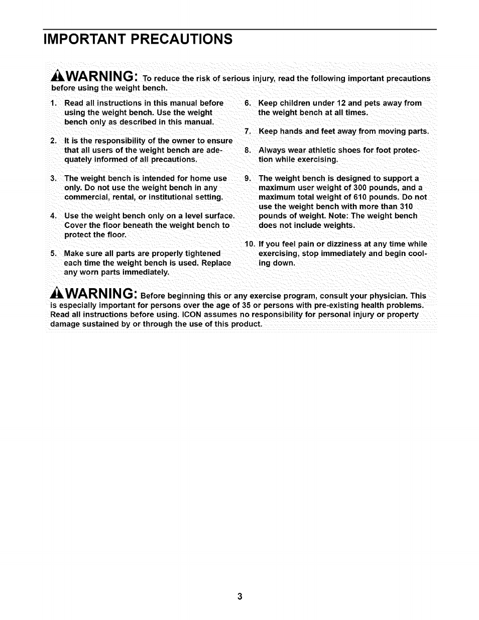 Important precautions, Important precautions a, Warning | NordicTrack STRENGTH ADJUSTABLE BENCH NTB12920 User Manual | Page 3 / 12