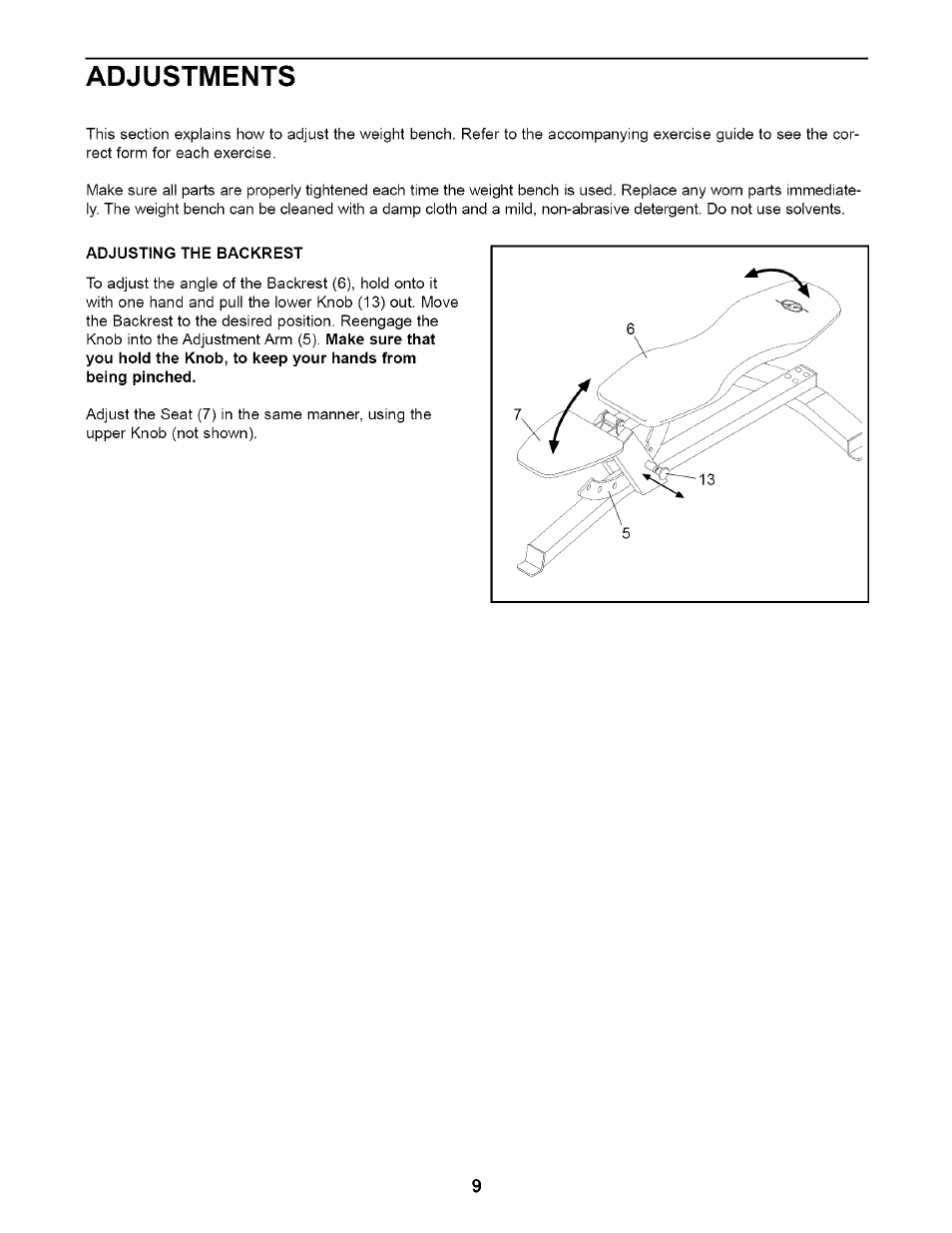Adjustments, Adjusting the backrest | NordicTrack STRENGTH ADJUSTABLE BENCH NTB12920 User Manual | Page 9 / 12