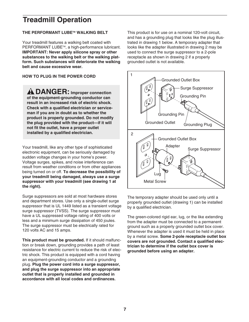 Treadmill operation, Danger | NordicTrack 831.298800 User Manual | Page 7 / 26