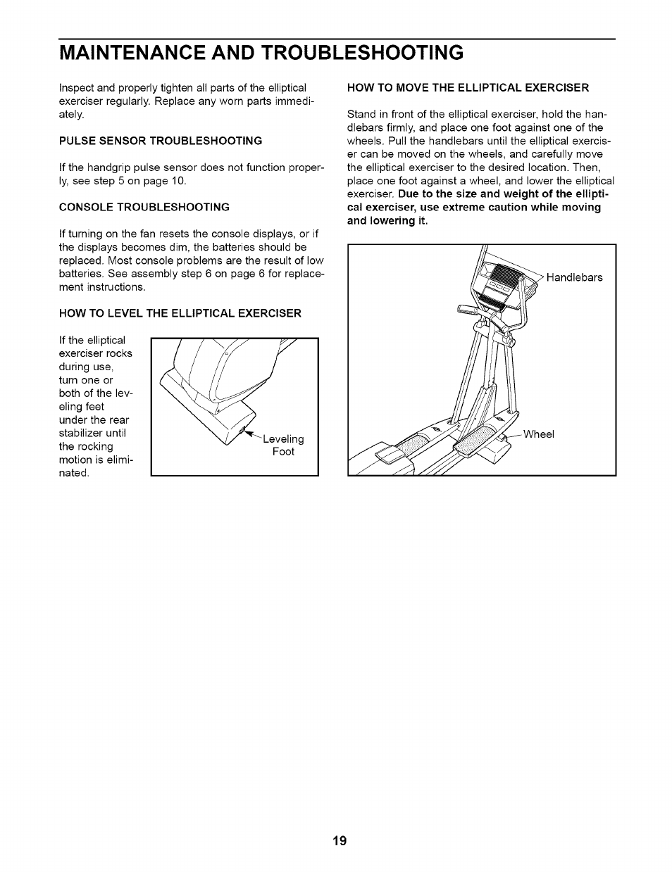 Maintenance and troubleshooting, Pulse sensor troubleshooting, Console troubleshooting | How to level the elliptical exerciser, How to move the elliptical exerciser | NordicTrack NEL07940 User Manual | Page 19 / 24