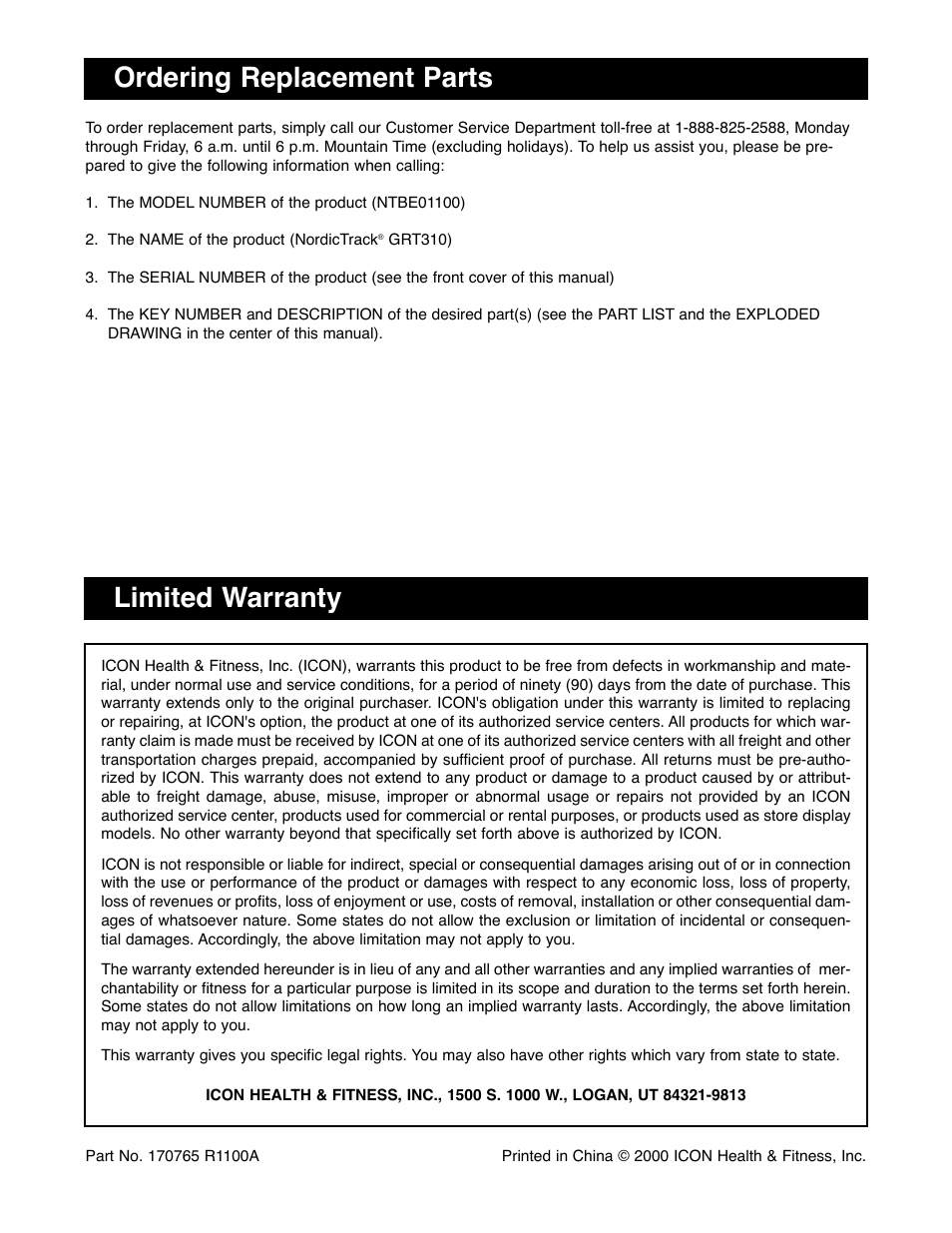 Ordering replacement parts, Limited warranty | NordicTrack NTBE01100 User Manual | Page 12 / 12