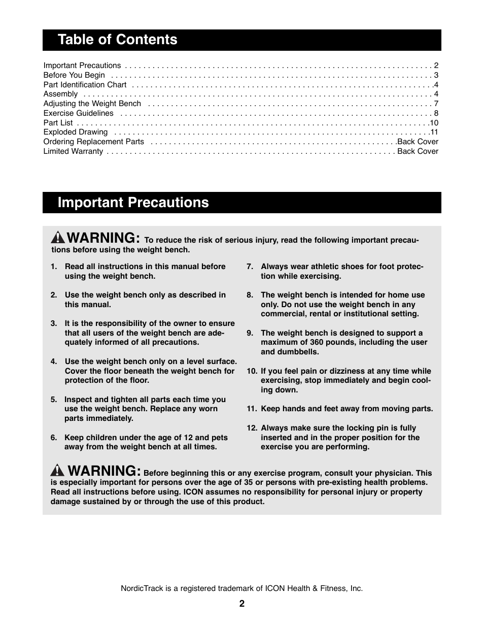 NordicTrack NTBE01100 User Manual | Page 2 / 12