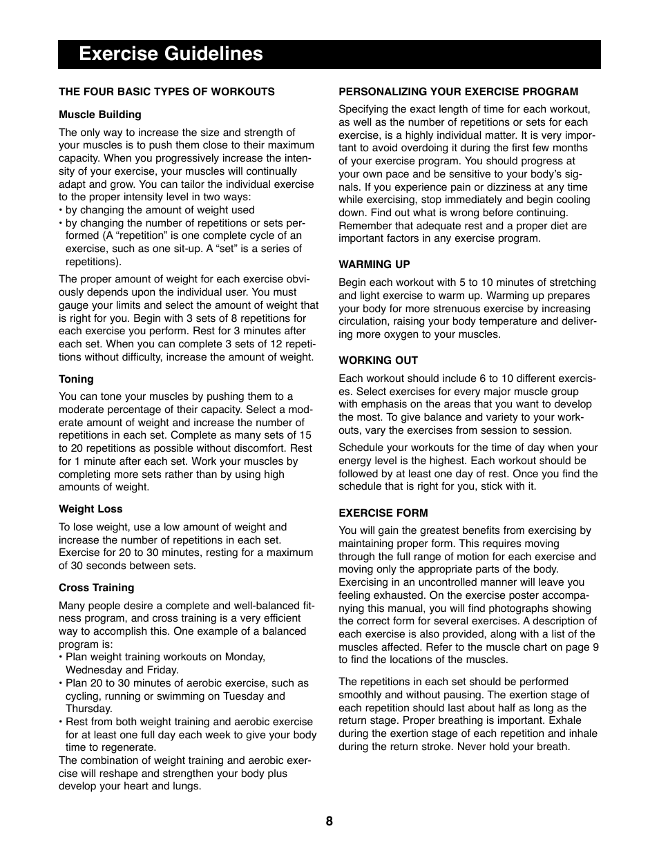 Exercise guidelines | NordicTrack NTBE01100 User Manual | Page 8 / 12