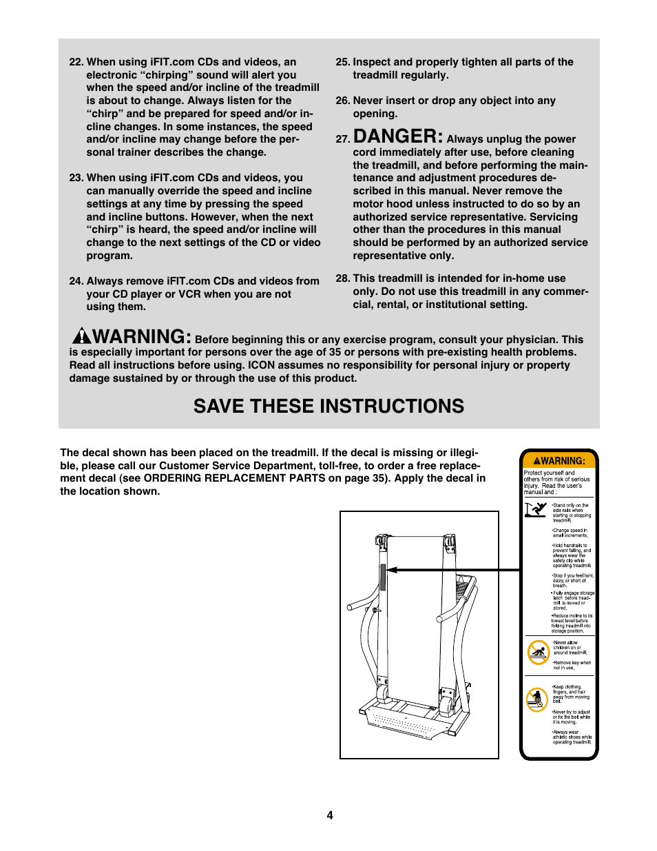 Danger, Warning, Save these instructions | NordicTrack NTL18530 User Manual | Page 4 / 38